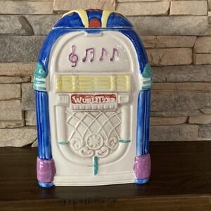Vintage Wurlitzer Jukebox Ceramic Cookie Jar Canister w/ Lid 11" Tall Music Deco